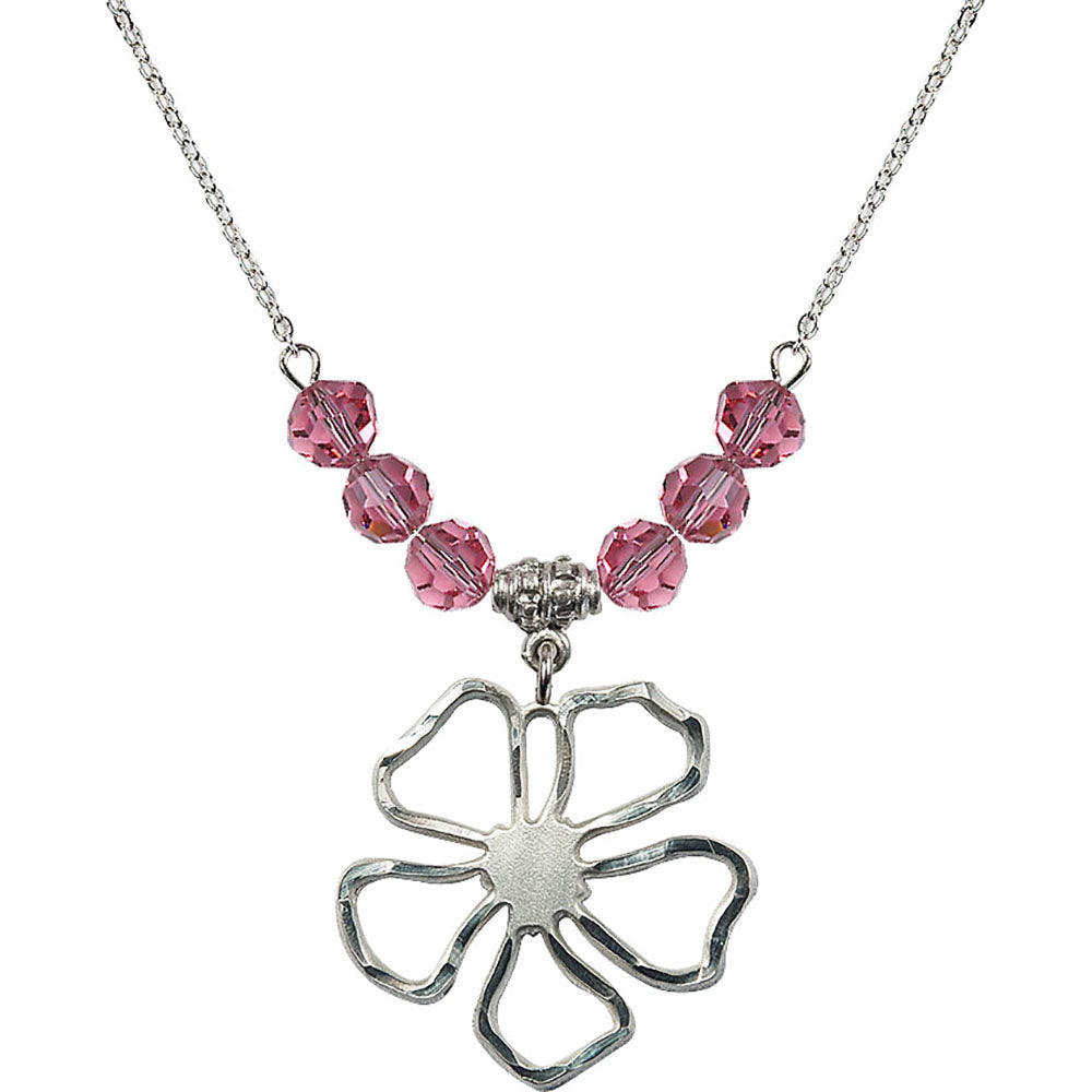Sterling Silver Five Pedal Flower Birthstone Necklace with Rose Beads - 5109