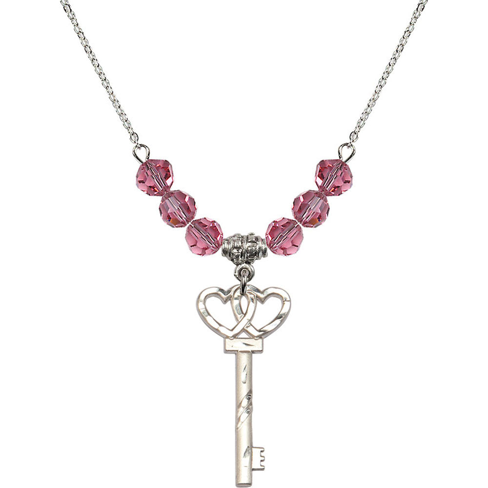 Sterling Silver Small Key w/Double Hearts Birthstone Necklace with Rose Beads - 6213