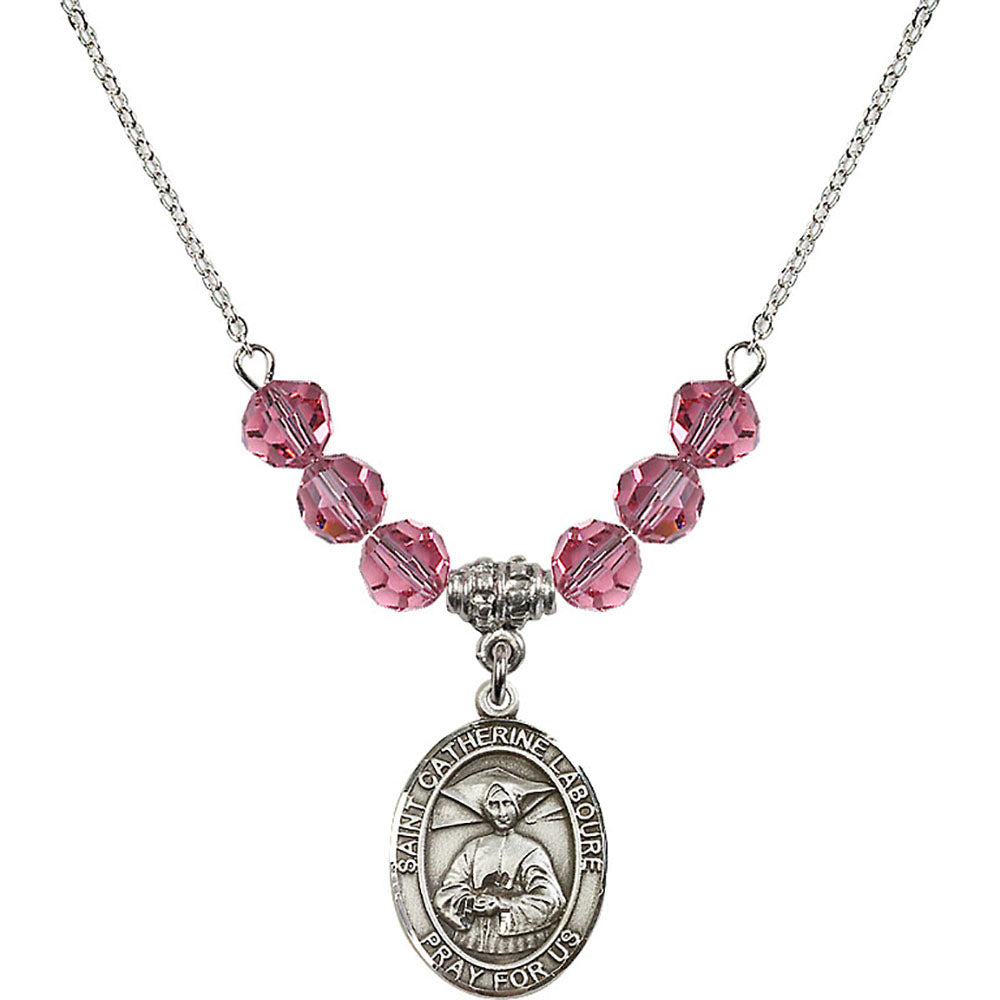 Sterling Silver Saint Catherine Laboure Birthstone Necklace with Rose Beads - 8021