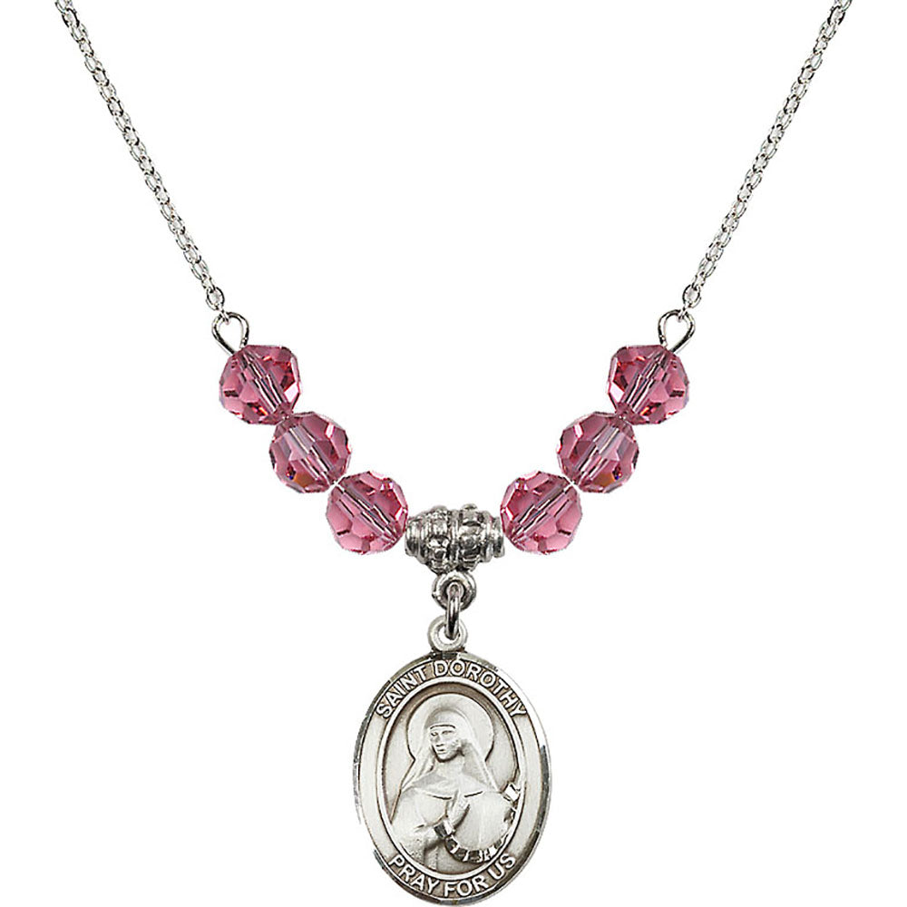 Sterling Silver Saint Dorothy Birthstone Necklace with Rose Beads - 8023