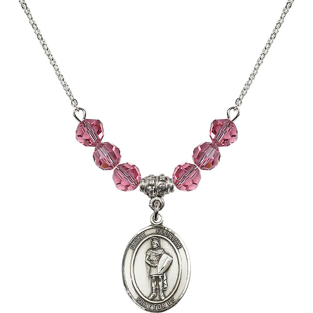 Sterling Silver Saint Florian Birthstone Necklace with Rose Beads - 8034