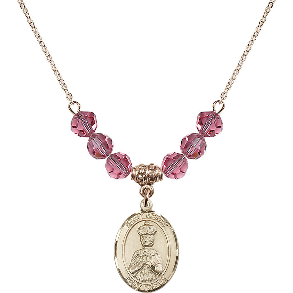 14kt Gold Filled Saint Henry II Birthstone Necklace with Rose Beads - 8046