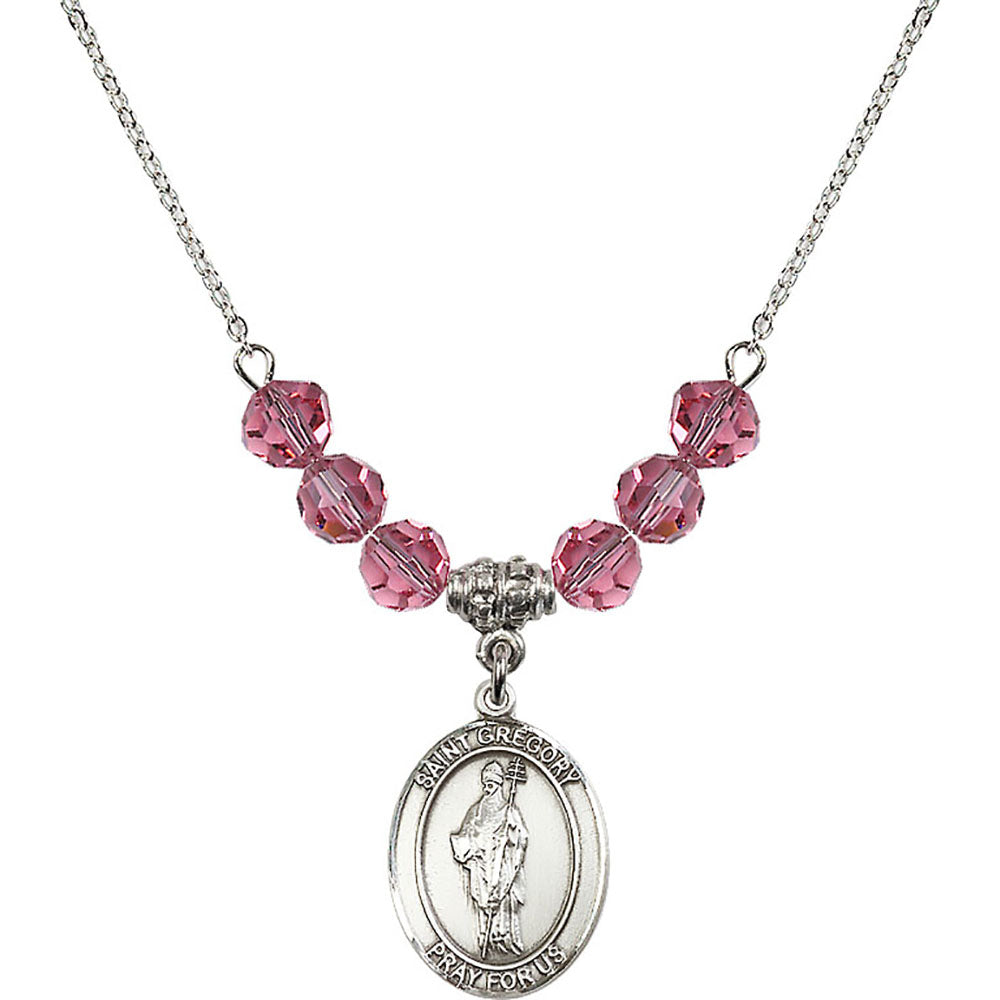 Sterling Silver Saint Gregory the Great Birthstone Necklace with Rose Beads - 8048