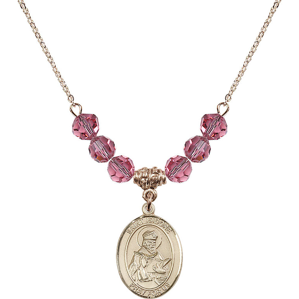 14kt Gold Filled Saint Isidore of Seville Birthstone Necklace with Rose Beads - 8049