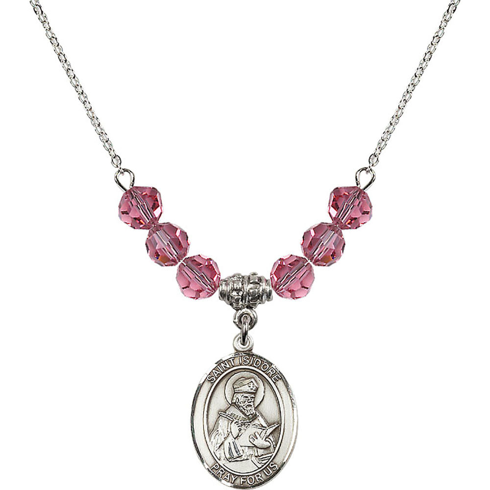 Sterling Silver Saint Isidore of Seville Birthstone Necklace with Rose Beads - 8049