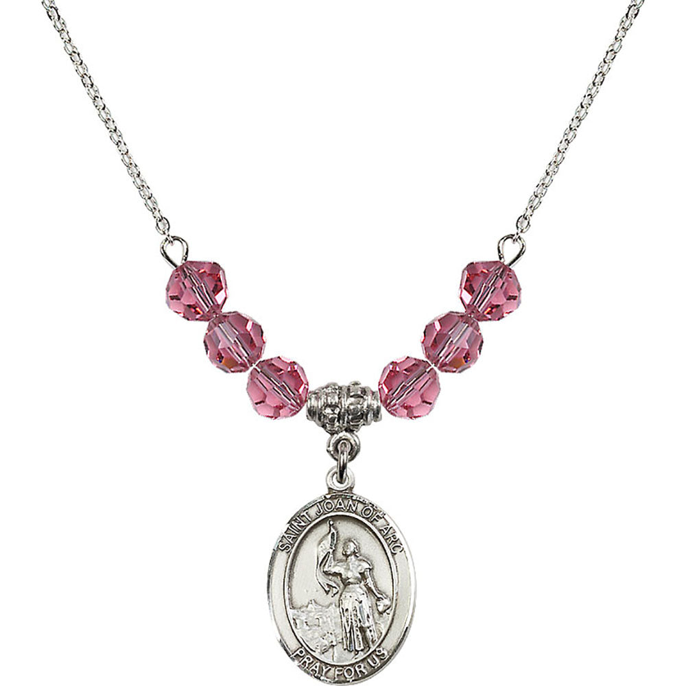 Sterling Silver Saint Joan of Arc Birthstone Necklace with Rose Beads - 8053
