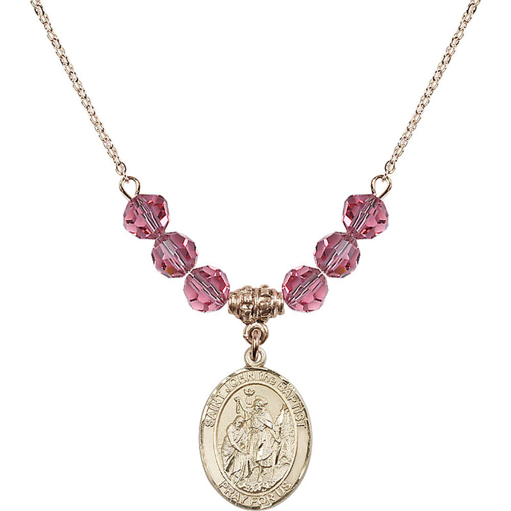 14kt Gold Filled Saint John the Baptist Birthstone Necklace with Rose Beads - 8054