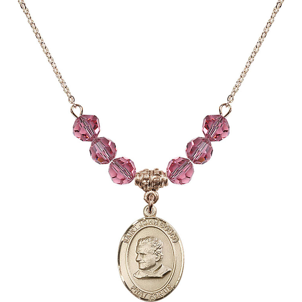 14kt Gold Filled Saint John Bosco Birthstone Necklace with Rose Beads - 8055