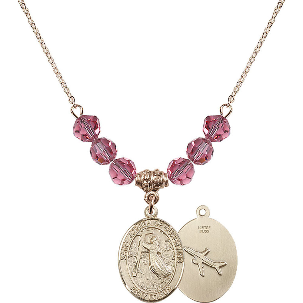 14kt Gold Filled Saint Joseph of Cupertino Birthstone Necklace with Rose Beads - 8057