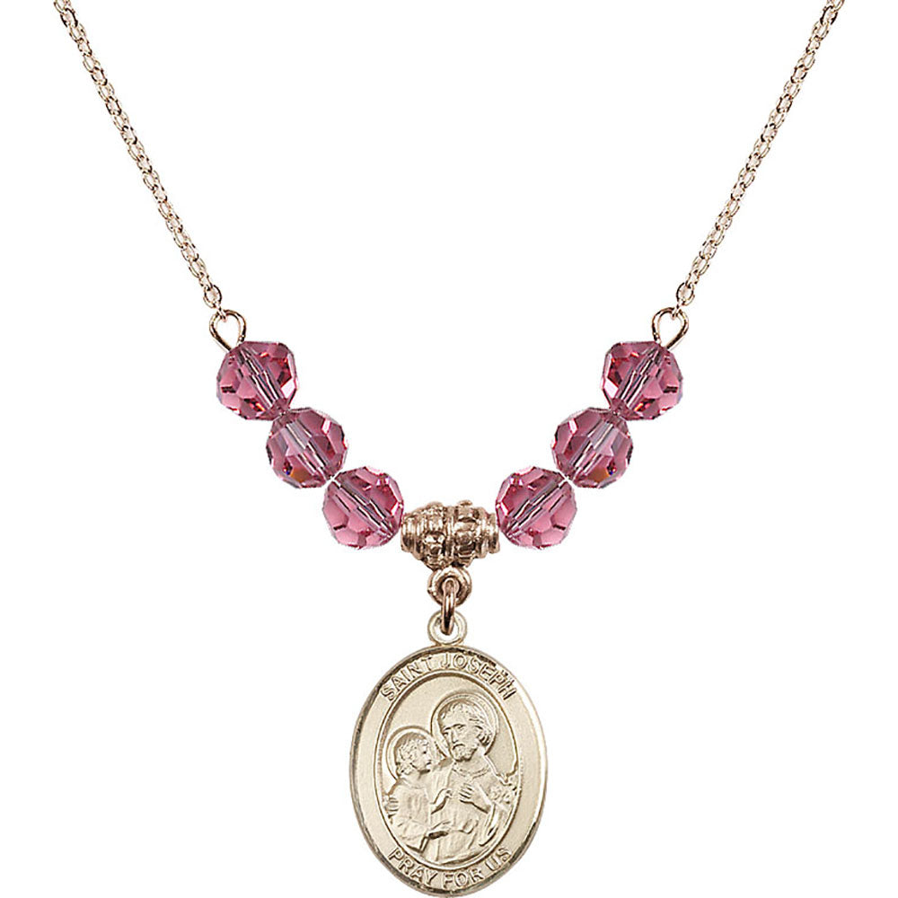 14kt Gold Filled Saint Joseph Birthstone Necklace with Rose Beads - 8058