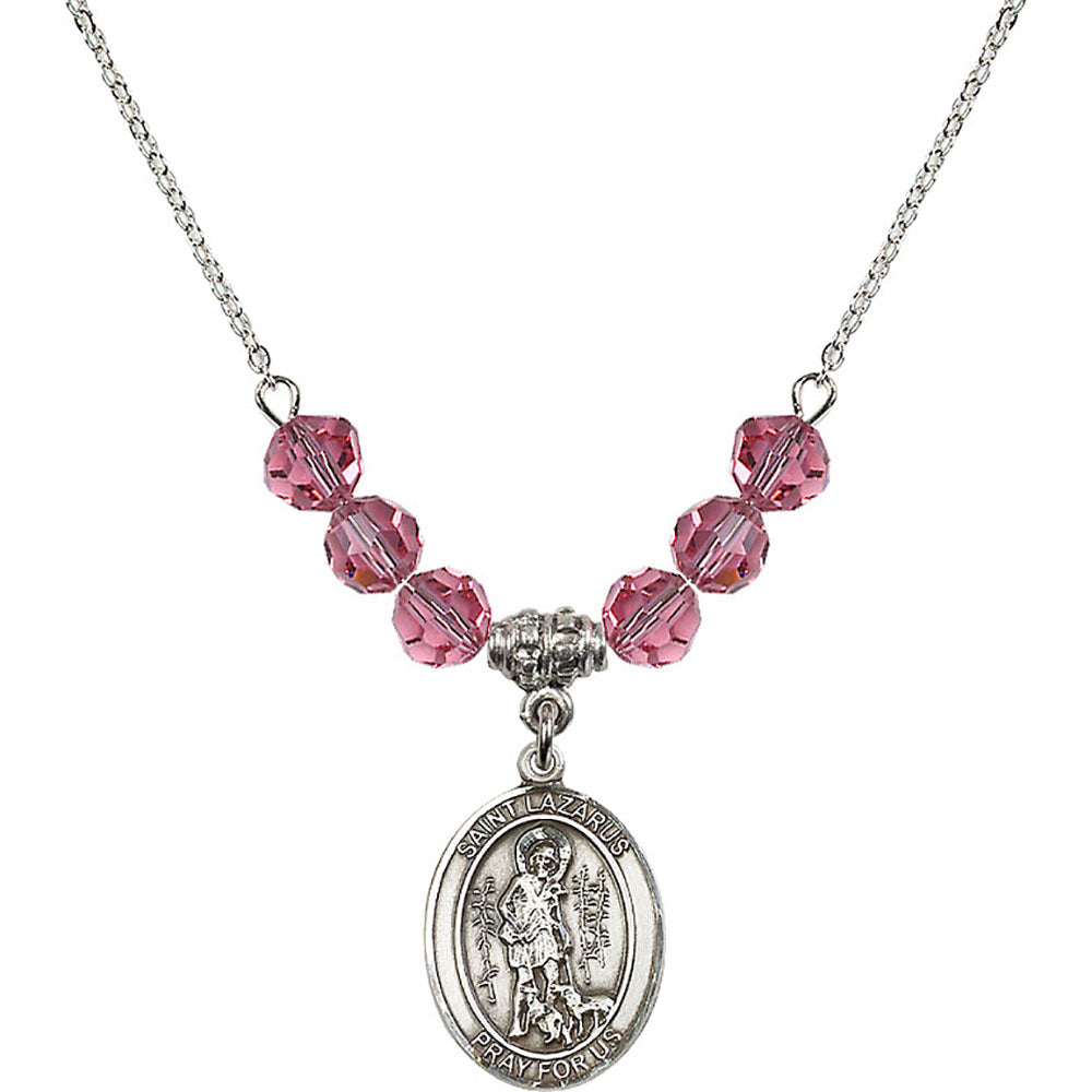 Sterling Silver Saint Lazarus Birthstone Necklace with Rose Beads - 8066