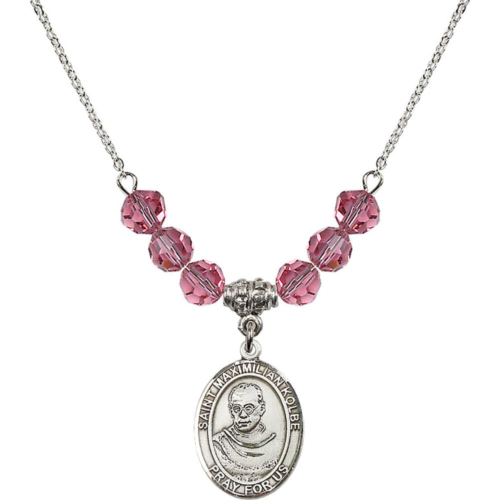 Sterling Silver Saint Maximilian Kolbe Birthstone Necklace with Rose Beads - 8073