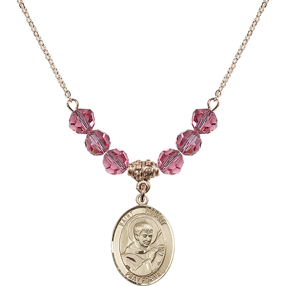 14kt Gold Filled Saint Robert Bellarmine Birthstone Necklace with Rose Beads - 8096