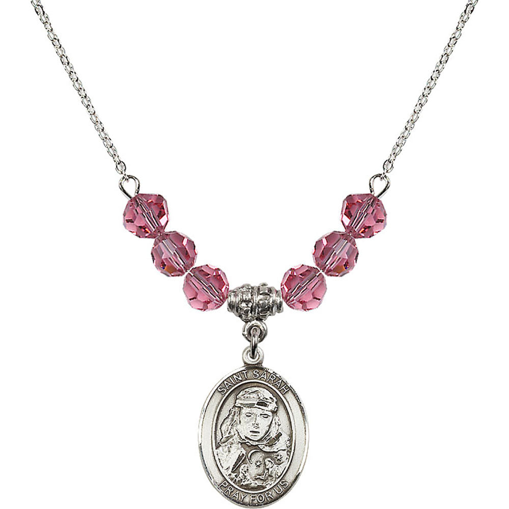 Sterling Silver Saint Sarah Birthstone Necklace with Rose Beads - 8097
