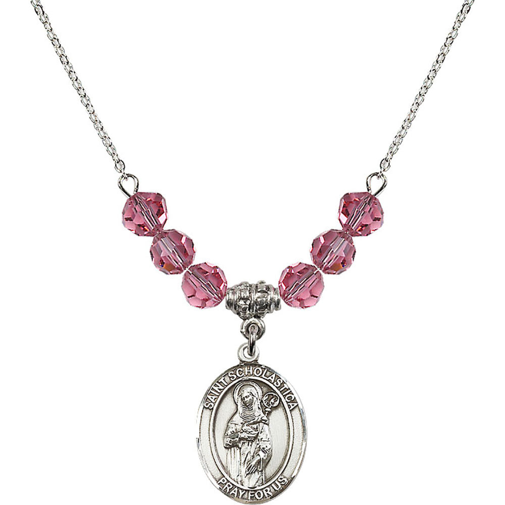 Sterling Silver Saint Scholastica Birthstone Necklace with Rose Beads - 8099