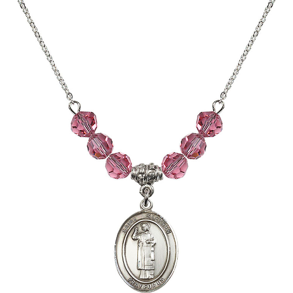 Sterling Silver Saint Stephen the Martyr Birthstone Necklace with Rose Beads - 8104
