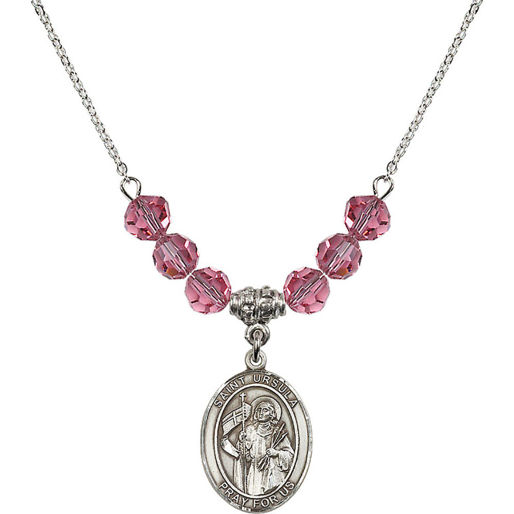 Sterling Silver Saint Ursula Birthstone Necklace with Rose Beads - 8127