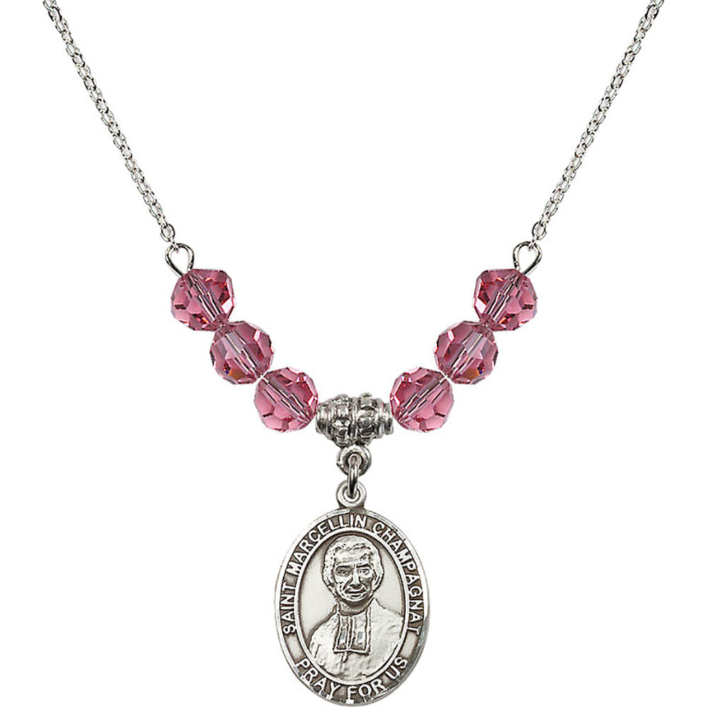 Sterling Silver Saint Marcellin Champagnat Birthstone Necklace with Rose Beads - 8131
