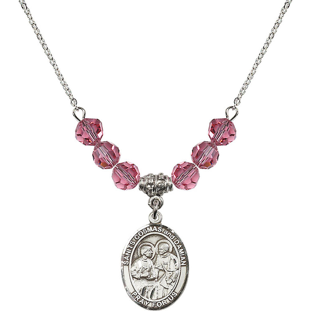 Sterling Silver Saints Cosmas & Damian Birthstone Necklace with Rose Beads - 8132