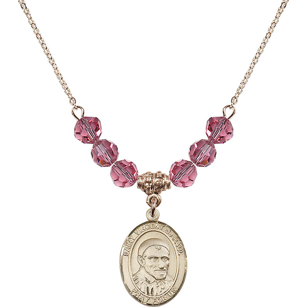 14kt Gold Filled Saint Vincent De Paul Birthstone Necklace with Rose Beads - 8134