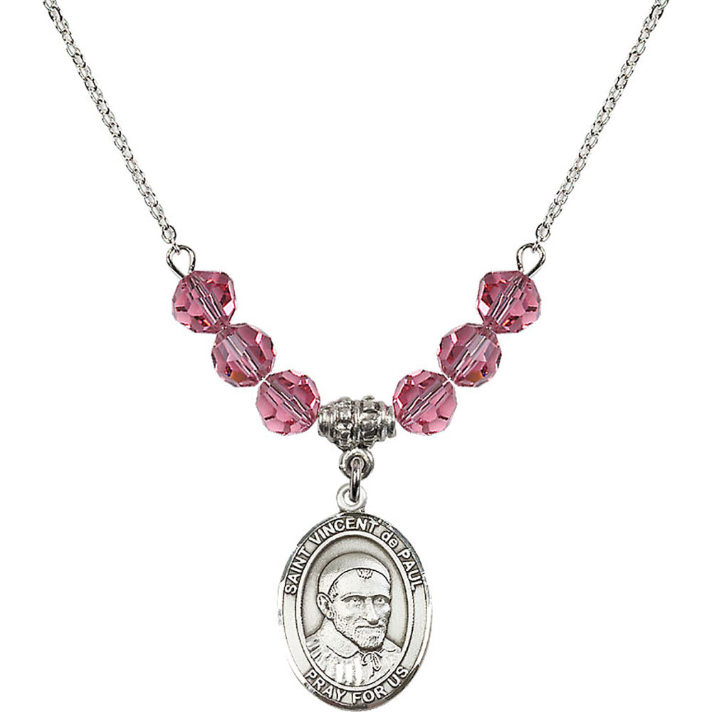Sterling Silver Saint Vincent De Paul Birthstone Necklace with Rose Beads - 8134