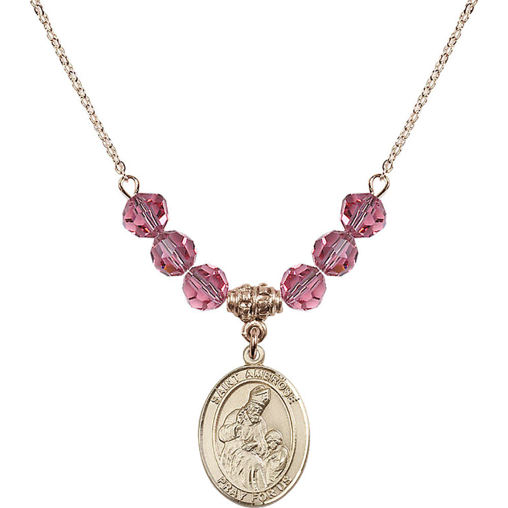 14kt Gold Filled Saint Ambrose Birthstone Necklace with Rose Beads - 8137