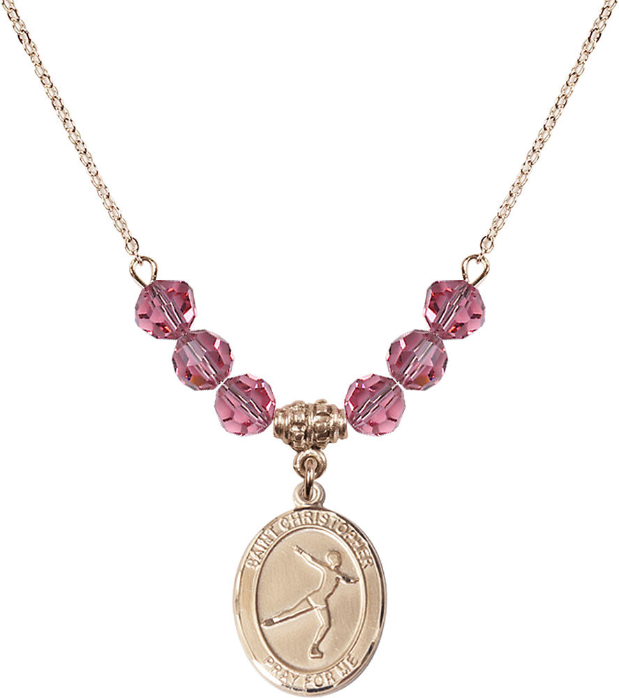 14kt Gold Filled Saint Christopher/Figure Skating Birthstone Necklace with Rose Beads - 8139