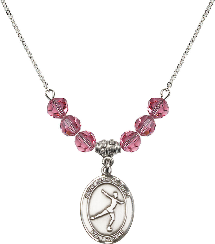 Sterling Silver Saint Christopher/Figure Skating Birthstone Necklace with Rose Beads - 8139