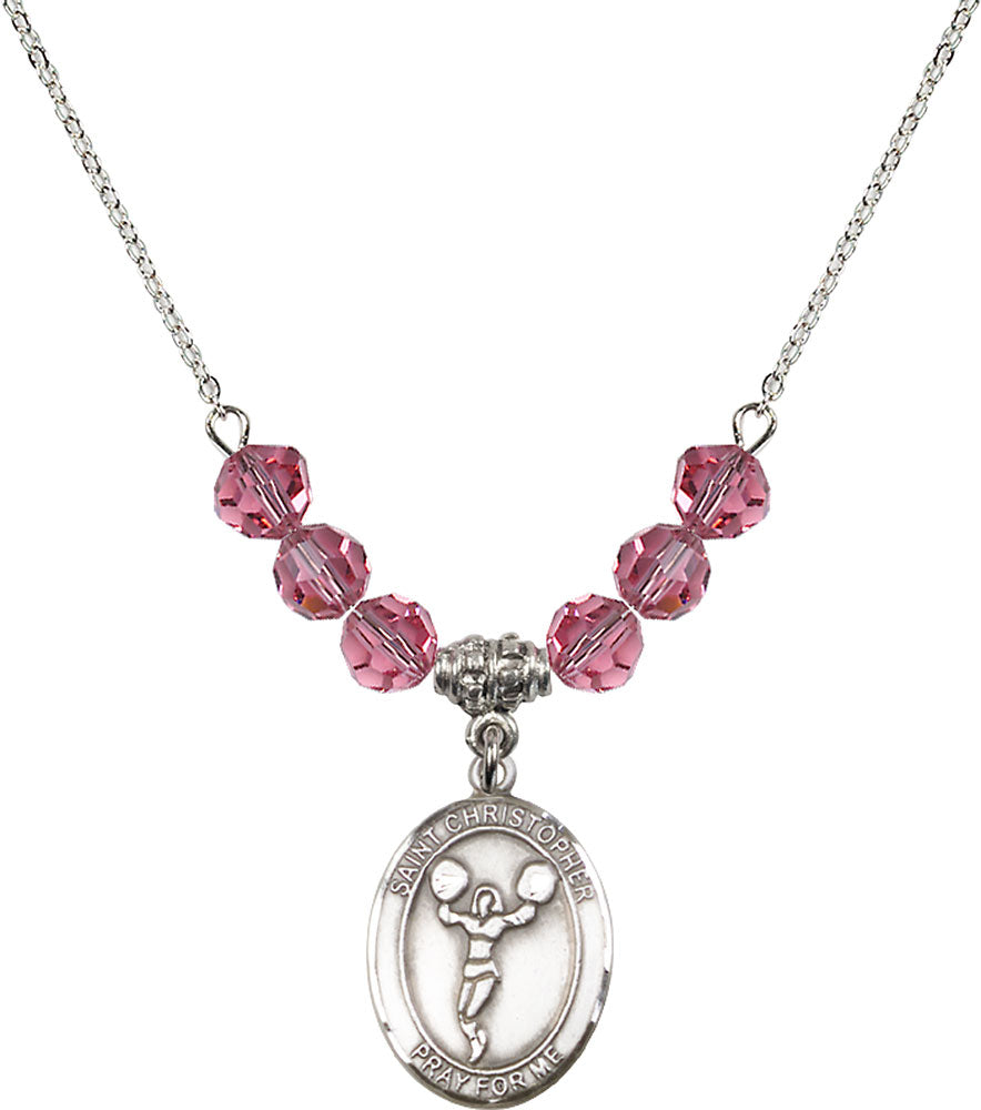 Sterling Silver Saint Christopher/Cheerleading Birthstone Necklace with Rose Beads - 8140