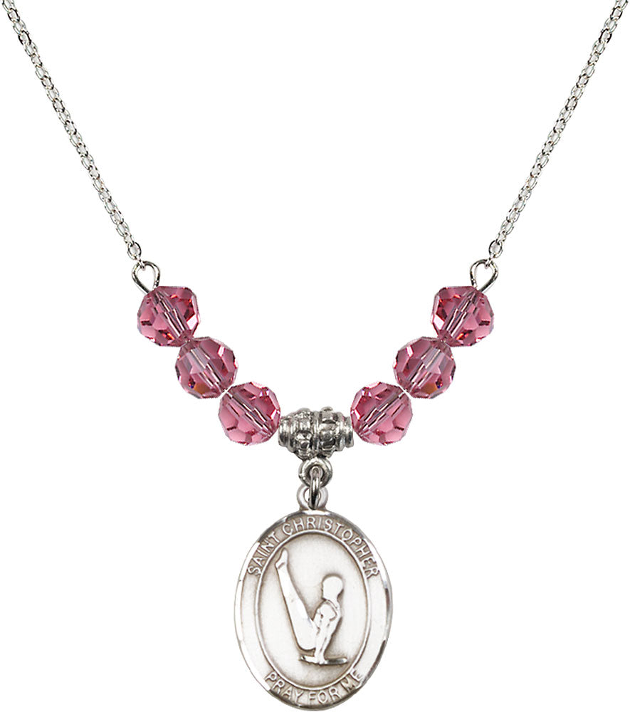 Sterling Silver Saint Christopher/Gymnastics Birthstone Necklace with Rose Beads - 8142