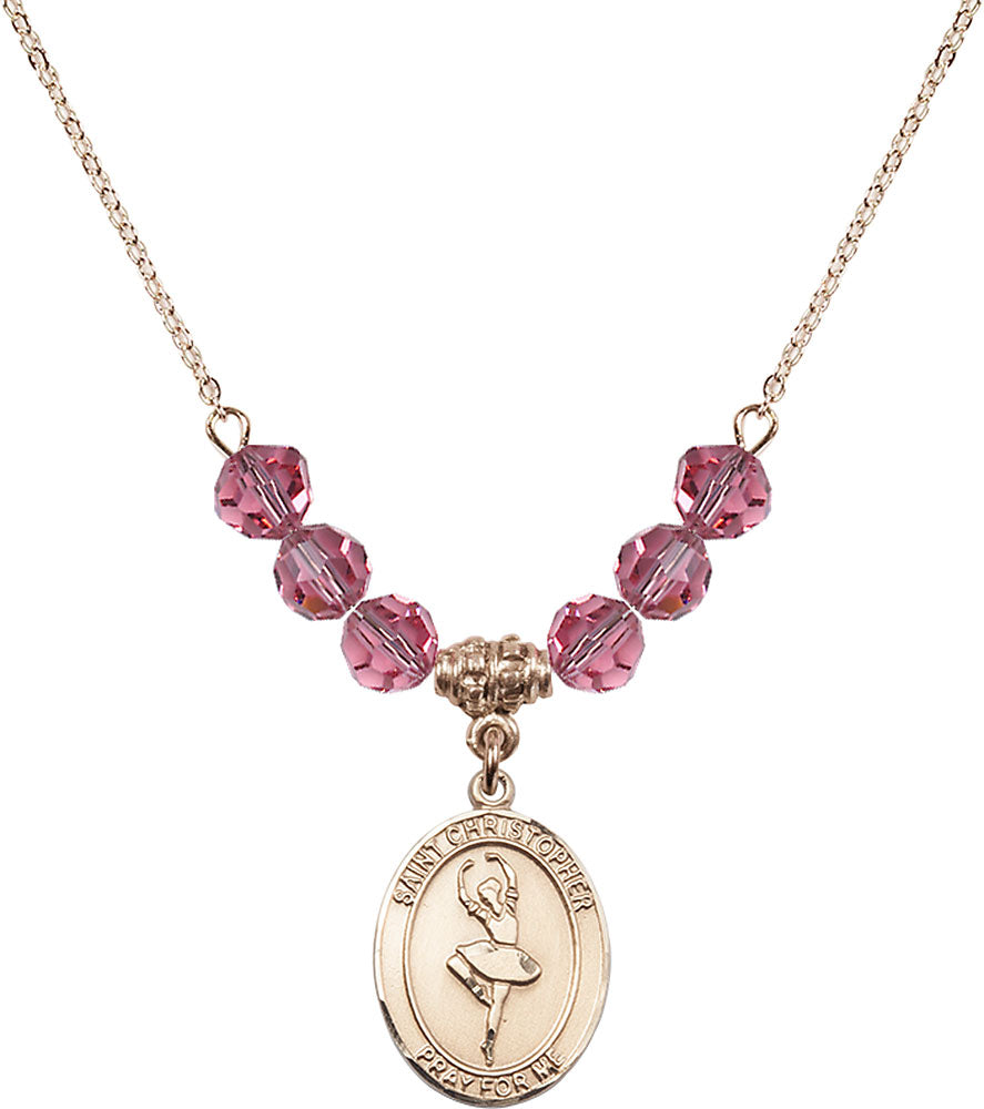 14kt Gold Filled Saint Christopher/Dance Birthstone Necklace with Rose Beads - 8143