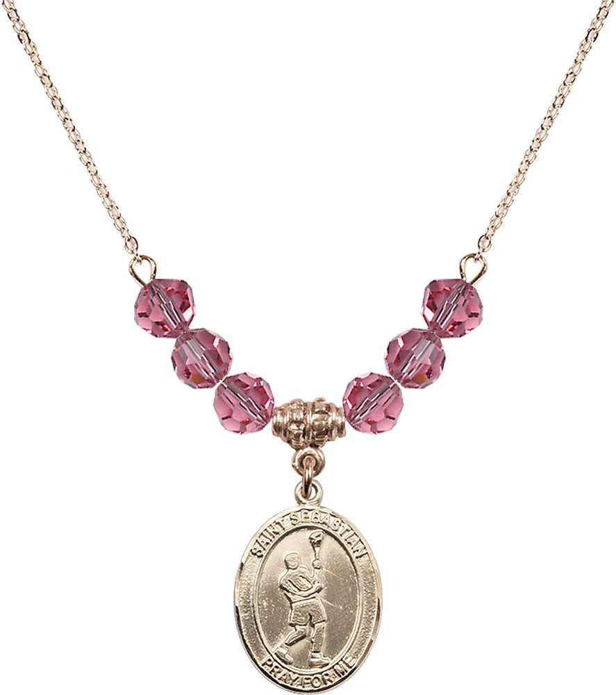 14kt Gold Filled Saint Sebastian/Lacrosse Birthstone Necklace with Rose Beads - 8174