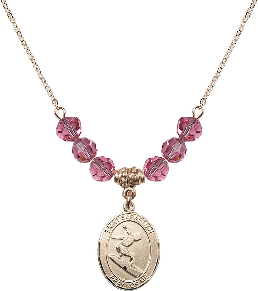 14kt Gold Filled Saint Sebastian/Surfing Birthstone Necklace with Rose Beads - 8175