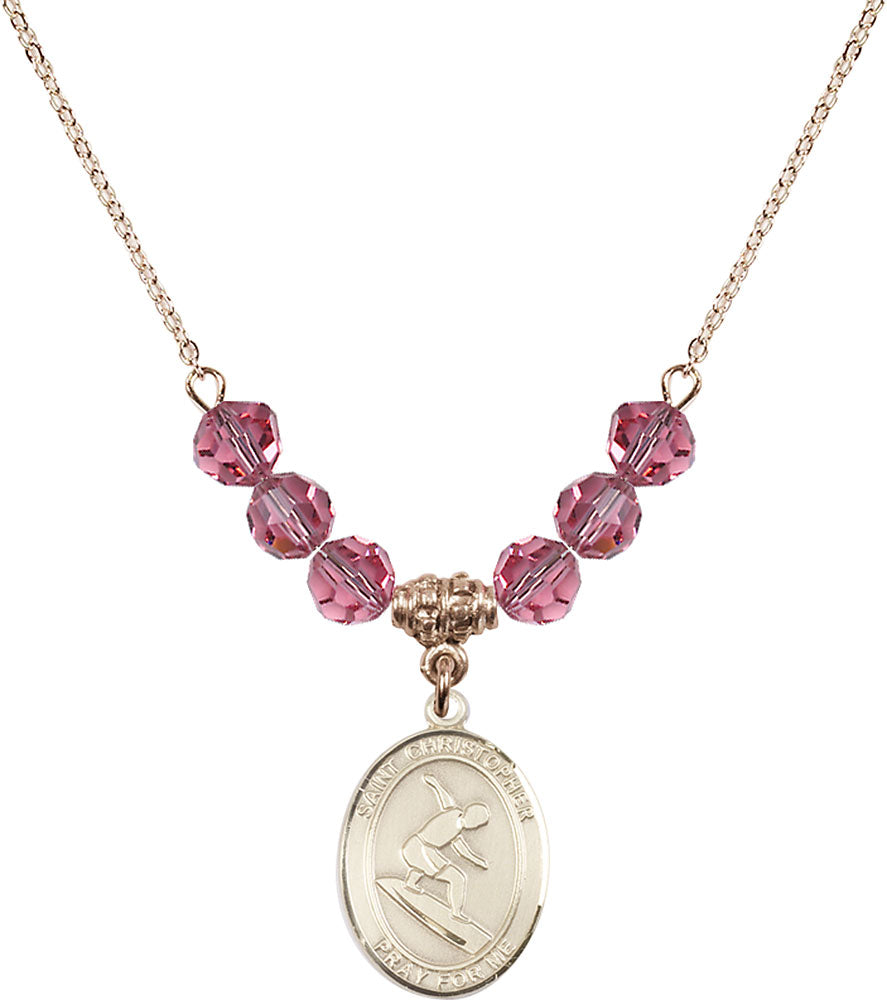 14kt Gold Filled Saint Christopher/Surfing Birthstone Necklace with Rose Beads - 8184
