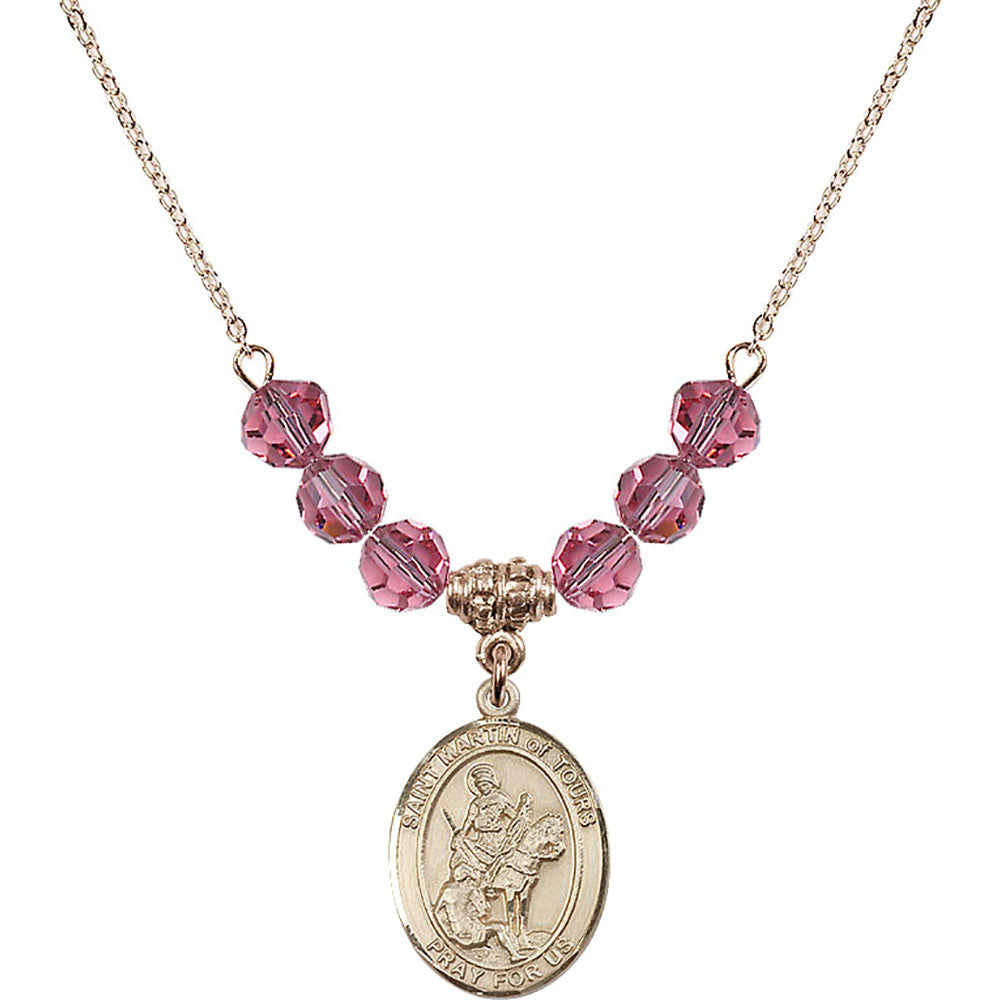 14kt Gold Filled Saint Martin of Tours Birthstone Necklace with Rose Beads - 8200