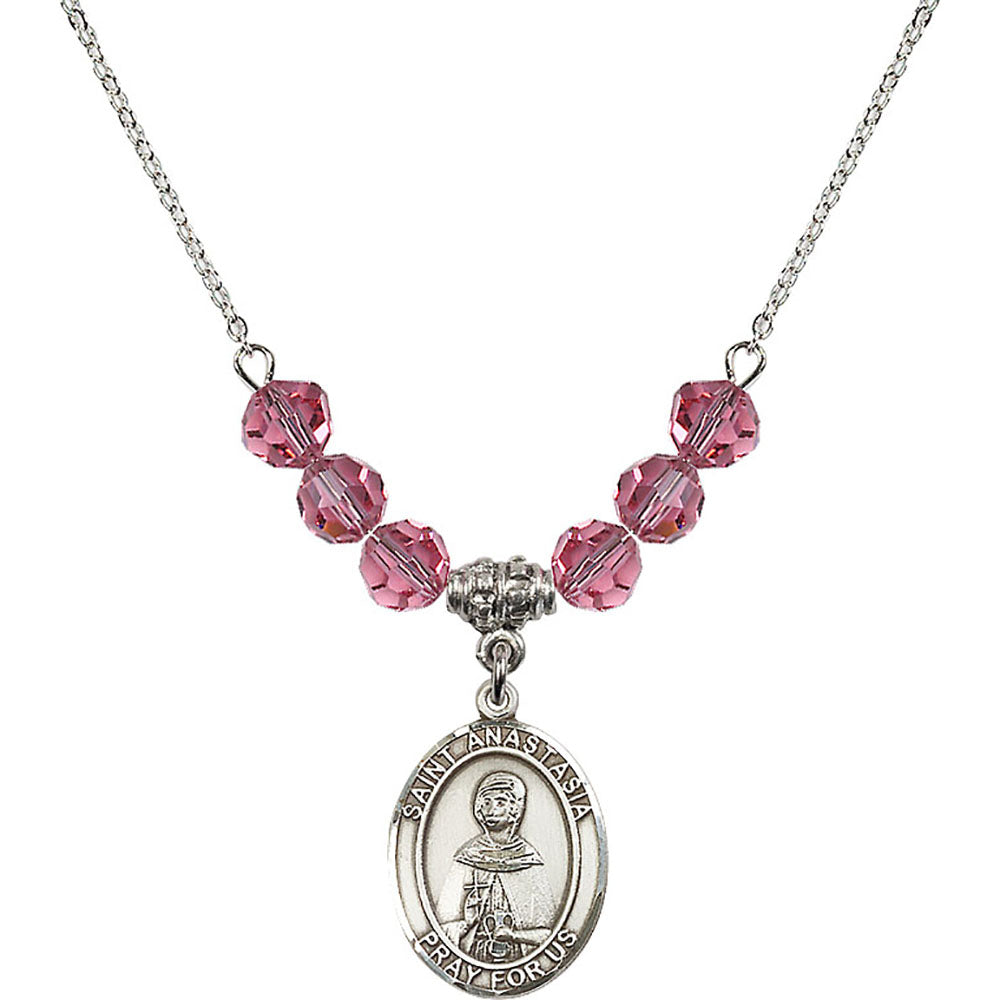 Sterling Silver Saint Anastasia Birthstone Necklace with Rose Beads - 8213
