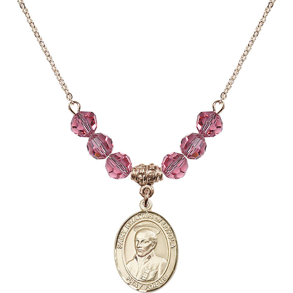 14kt Gold Filled Saint Ignatius of Loyola Birthstone Necklace with Rose Beads - 8217