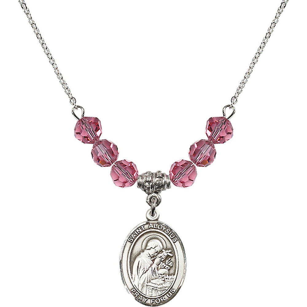 Sterling Silver Saint Aloysius Gonzaga Birthstone Necklace with Rose Beads - 8225
