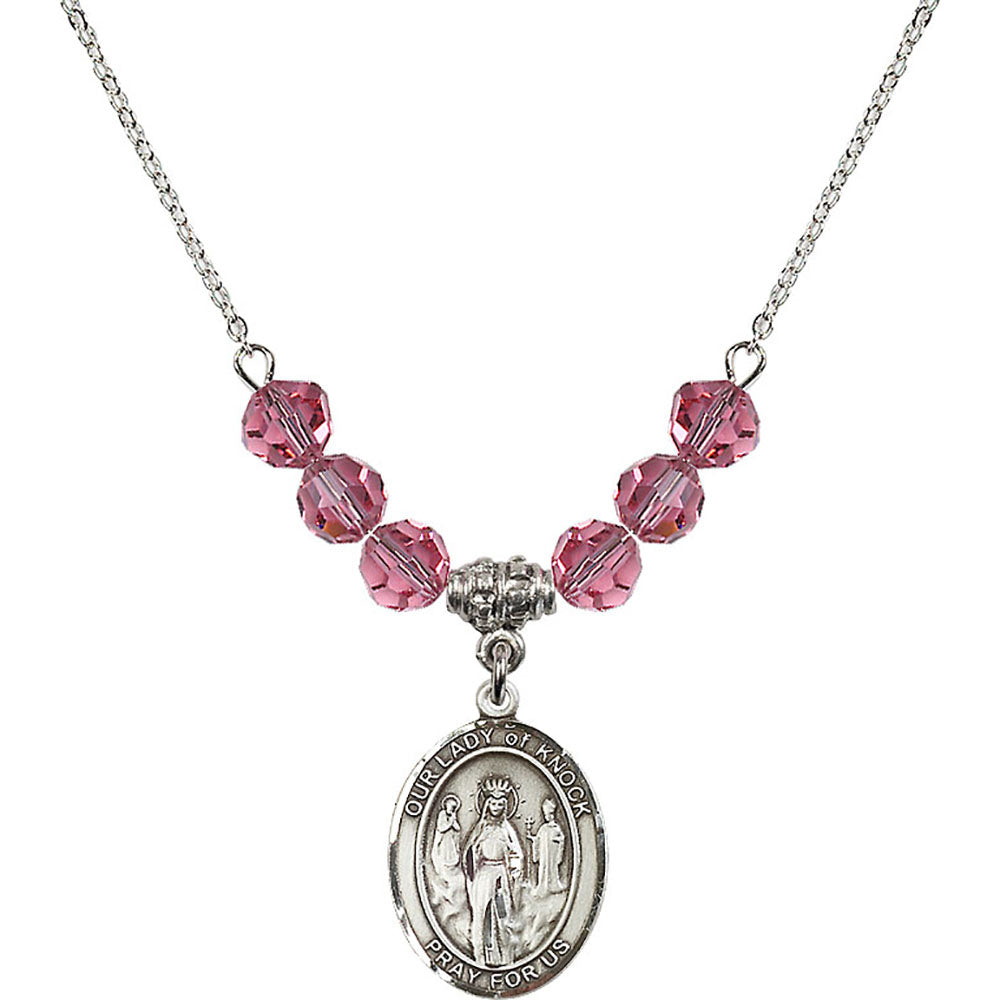 Sterling Silver Our Lady of Knock Birthstone Necklace with Rose Beads - 8246