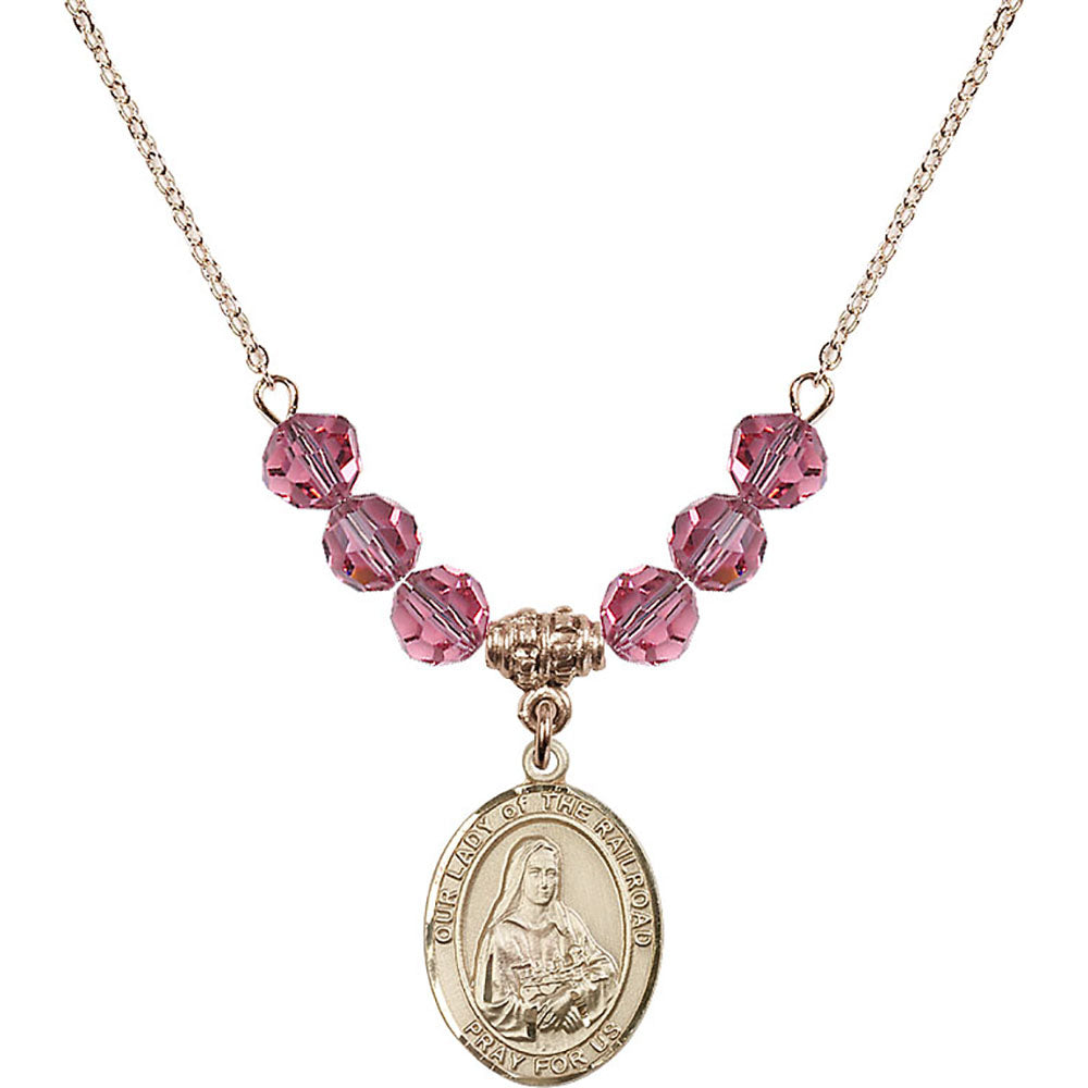 14kt Gold Filled Our Lady of the Railroad Birthstone Necklace with Rose Beads - 8247