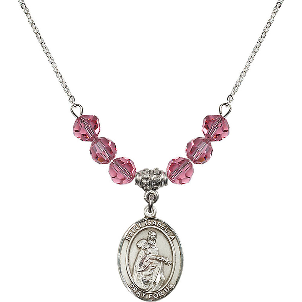 Sterling Silver Saint Isabella of Portugal Birthstone Necklace with Rose Beads - 8250