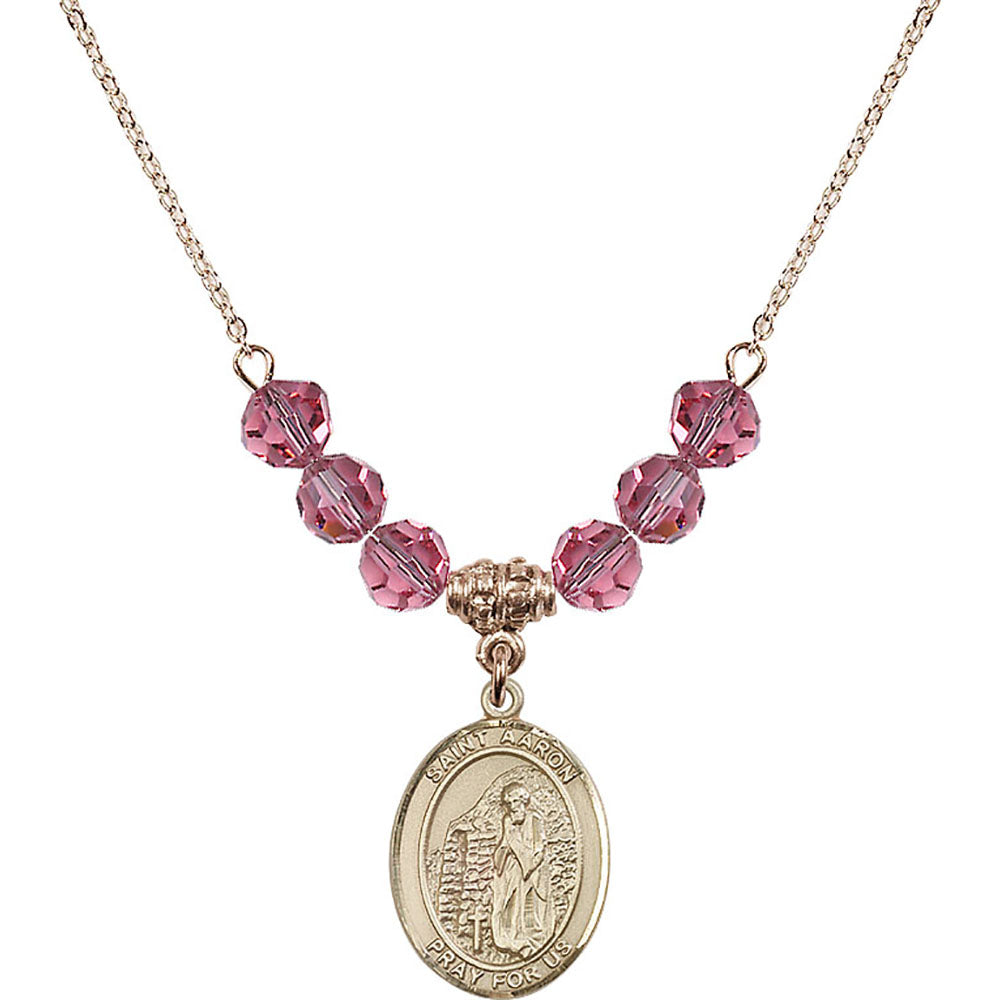 14kt Gold Filled Saint Aaron Birthstone Necklace with Rose Beads - 8254