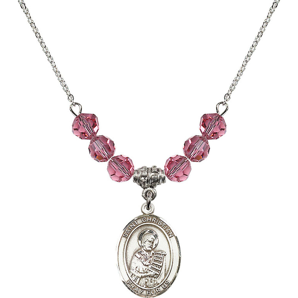 Sterling Silver Saint Christian Demosthenes Birthstone Necklace with Rose Beads - 8257