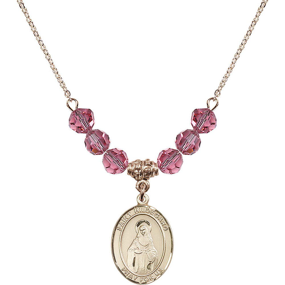 14kt Gold Filled Saint Hildegard von Bingen Birthstone Necklace with Rose Beads - 8260