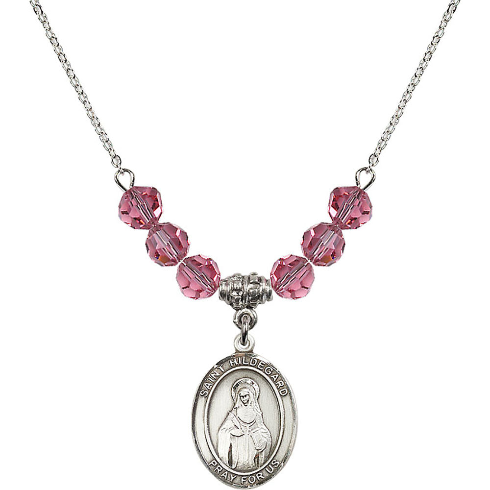 Sterling Silver Saint Hildegard von Bingen Birthstone Necklace with Rose Beads - 8260