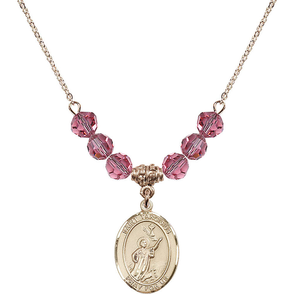 14kt Gold Filled Saint Tarcisius Birthstone Necklace with Rose Beads - 8261