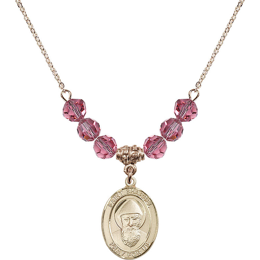 14kt Gold Filled Saint Sharbel Birthstone Necklace with Rose Beads - 8271