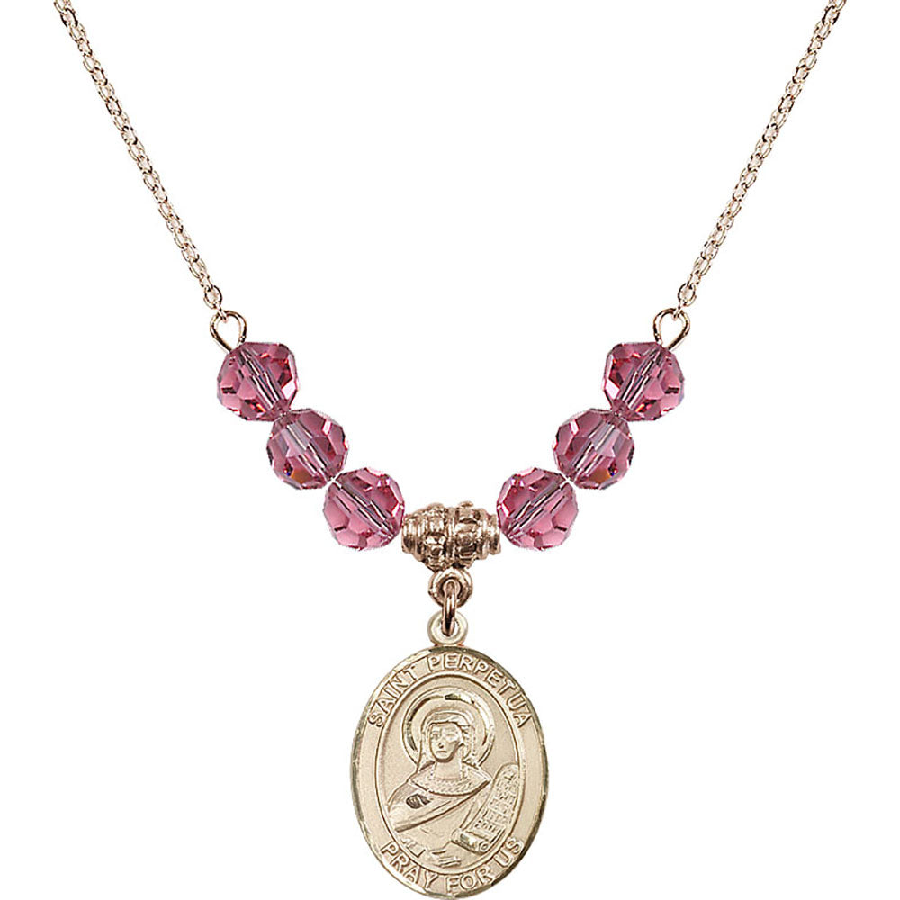 14kt Gold Filled Saint Perpetua Birthstone Necklace with Rose Beads - 8272