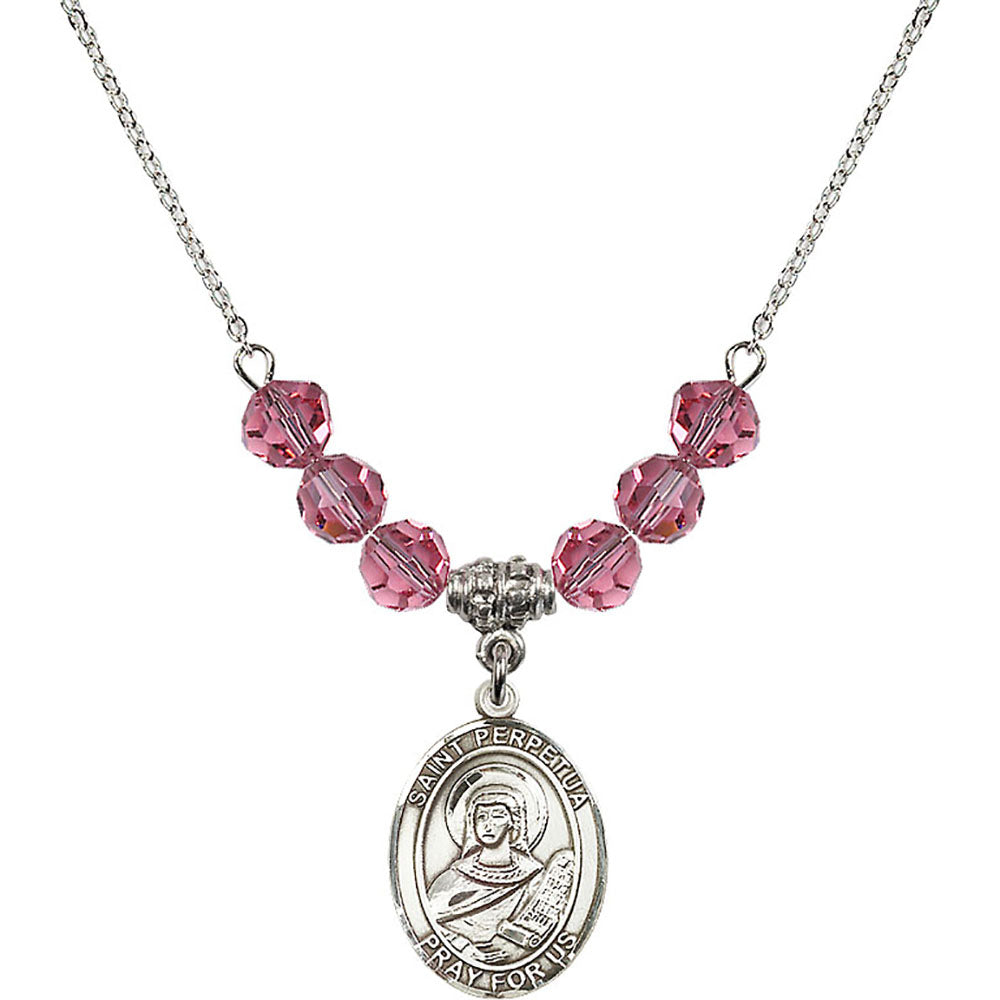 Sterling Silver Saint Perpetua Birthstone Necklace with Rose Beads - 8272