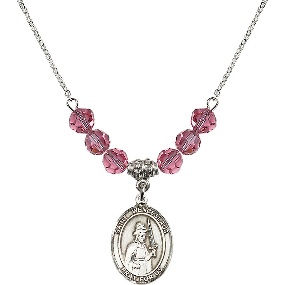 Sterling Silver Saint Wenceslaus Birthstone Necklace with Rose Beads - 8273
